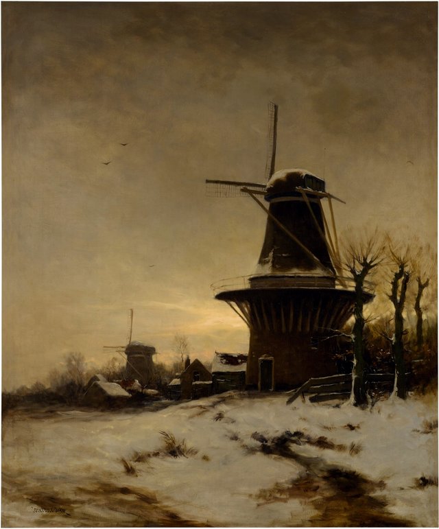 A Windmill and a Village on the Edge of a Snowy Meadow by David Adolph Constanz Artz
