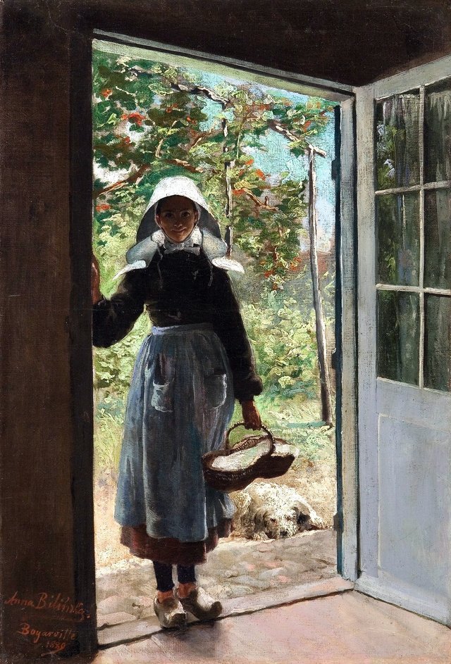 Breton woman standing on a doorstep. by Anna Bilińska-Bohdanowicz