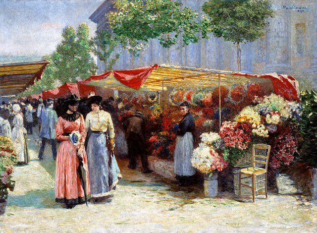 Flower market in front of the Madeleine church in Paris by Józef Pankiewicz