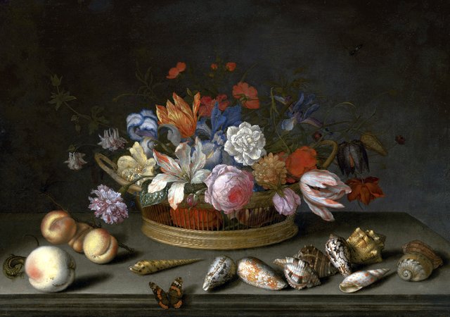 Tulips, roses and other flowers in a basket on a table, with shells, fruit, a lizard and a butterfly by Balthasar van der Ast
