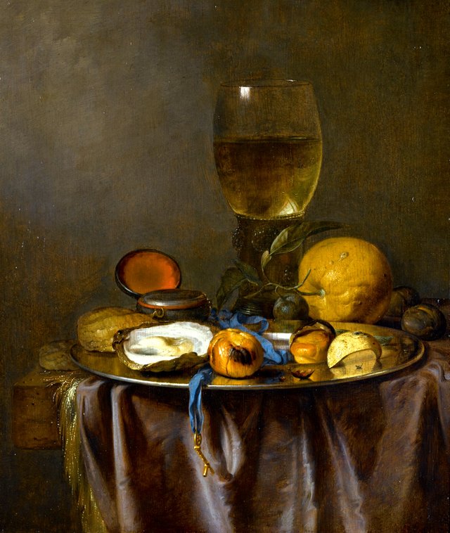 Still life with a roemer, timepiece, oyster and fruit by Jacob van Walscapelle