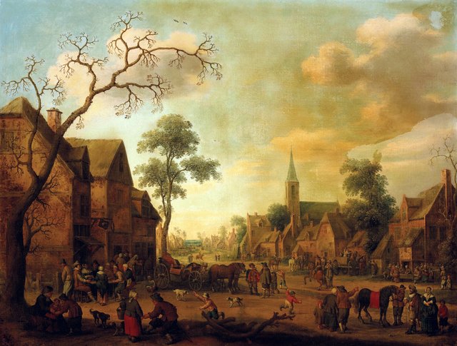 A village with townsfolk gathered in the street by Joost Cornelisz Droochsloot