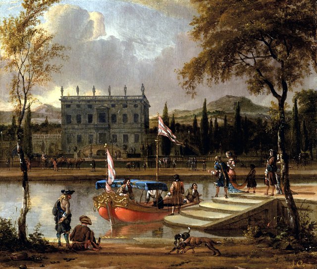An elegant company embarking onto a barge, a country house beyond by Abraham Storck
