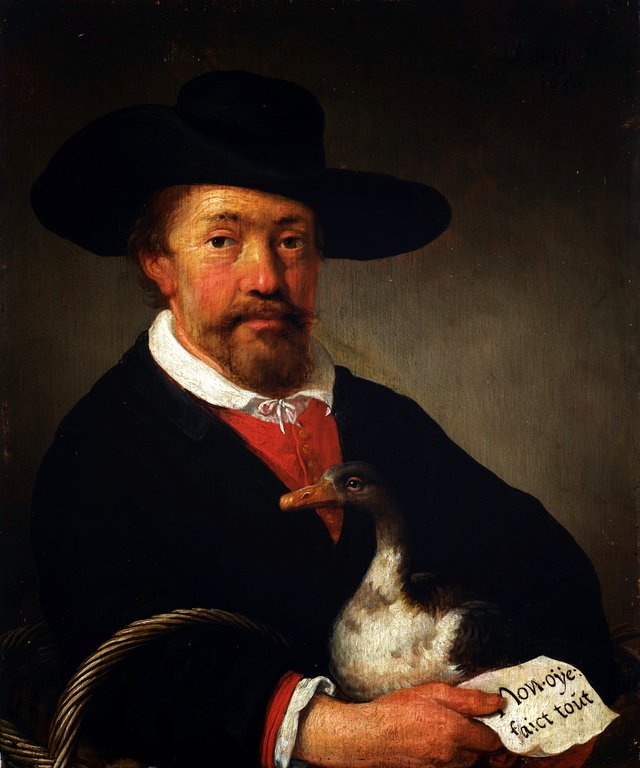 A man wearing a hat and holding a goose and letter by Jacob Gerritsz. Cuyp