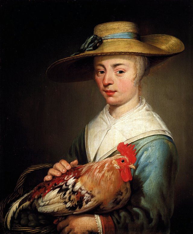 A young woman wearing a straw hat and holding a hen and a basket of eggs by Jacob Gerritsz. Cuyp