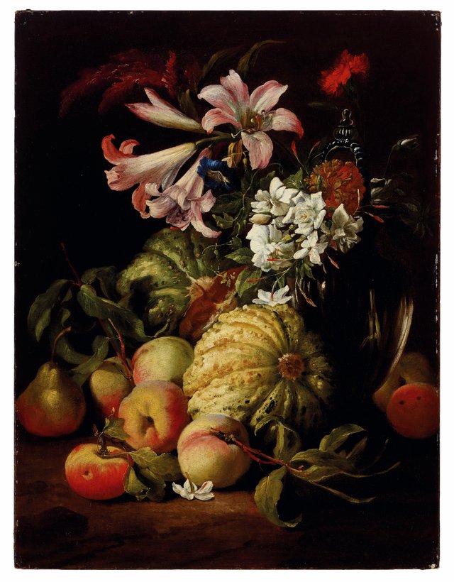 Lilies and other flowers in a glass vase with peaches and melons by Abraham Brueghel
