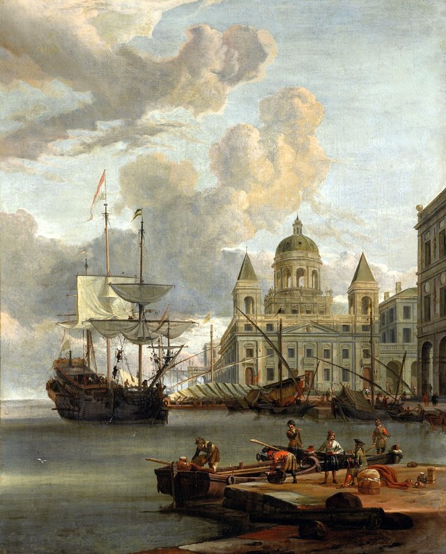 A Mediterranean harbor with figures unloading cargo by Abraham Storck