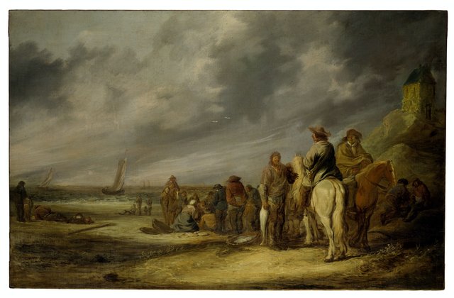 Fisherfolk and horsemen on a beach by Benjamin Gerritsz Cuyp