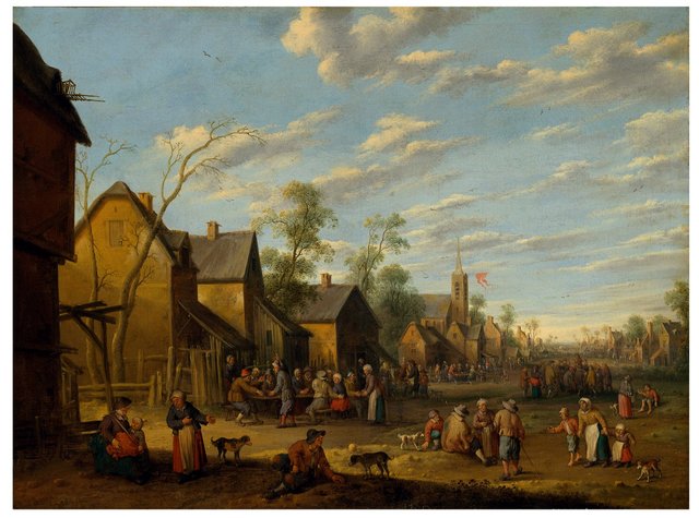 A village with peasants merrymaking outside a tavern by Joost Cornelisz Droochsloot
