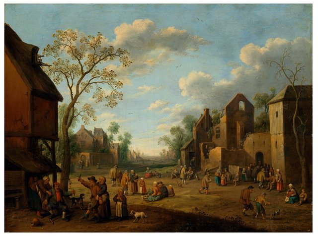 A village with peasants and a feud in the foreground by Joost Cornelisz Droochsloot