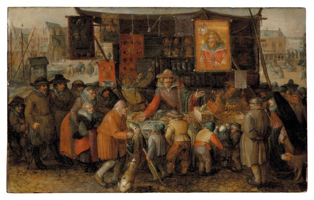 A quack selling potions and remedies in a square by David Vinckboons