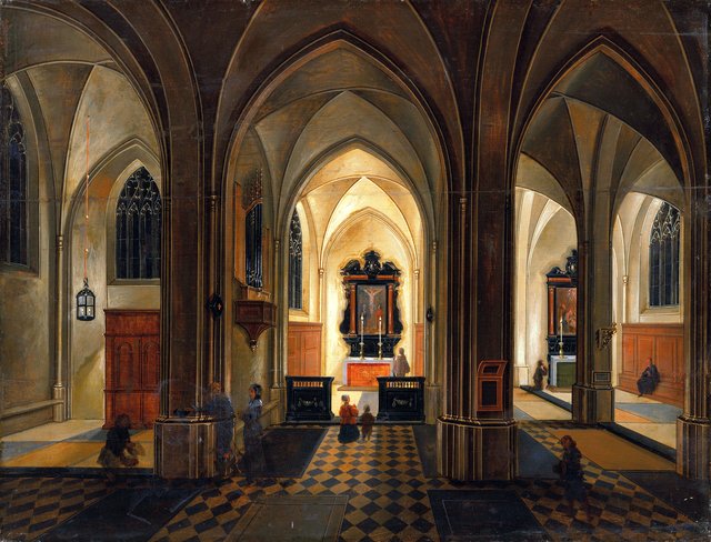 The interior of a church with people praying by candlelight by Pieter Neefs the Younger