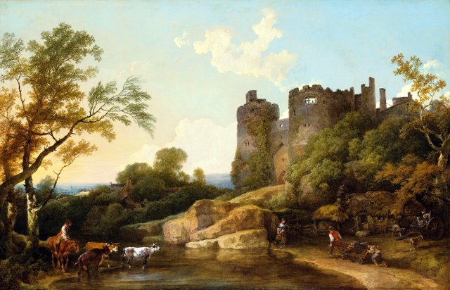 View of Harlech Castle, with peasants beside a lake by Philip James de Loutherbourg