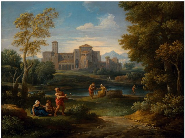 Travellers resting beside a road, a monastary beyond by Jan Frans van Bloemen