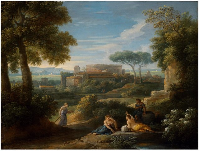 Travellers resting beside a road, a town beyond by Jan Frans van Bloemen