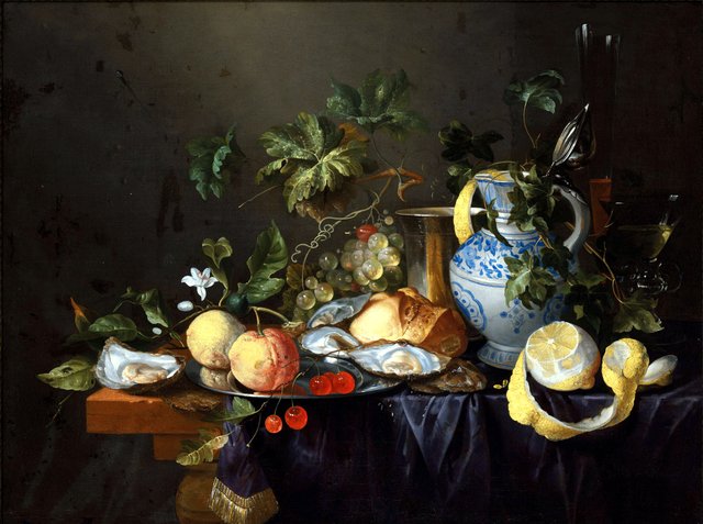 Oysters, grapes, lemons, an orange, cherries and a loaf by Joris van Son