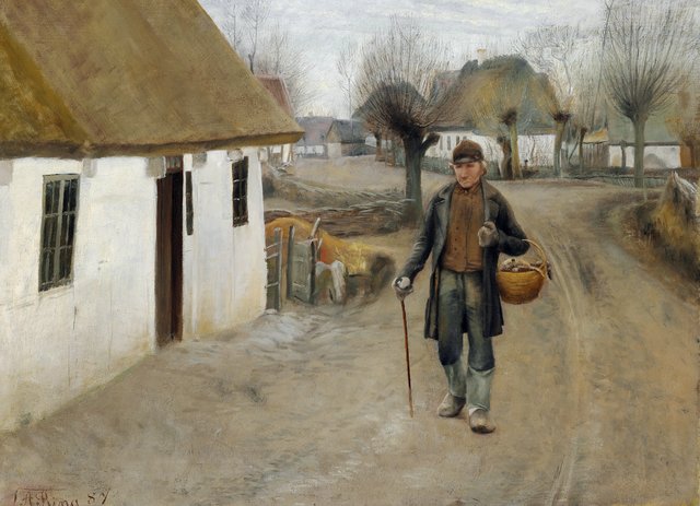 Road through a village with a man walking by Laurits Andersen Ring