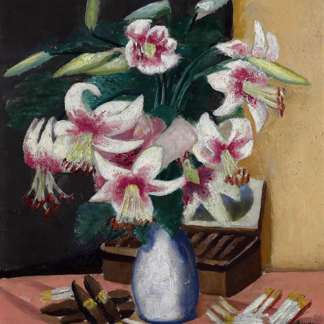 Still life with Turkish league (flowers with cigar box) by Max Beckmann