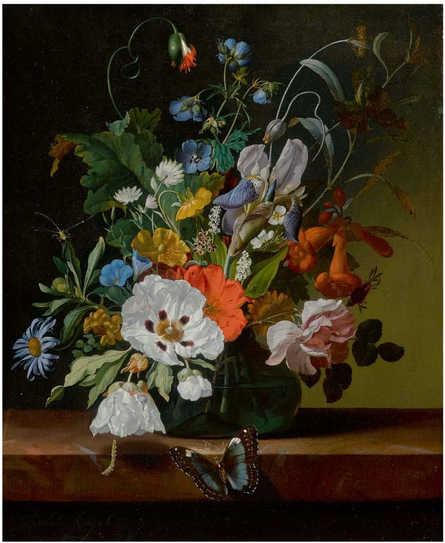 Still life with flowers in a vase on a ledge with a dragonfly, caterpillar, and butterfly by Rachel Ruysch