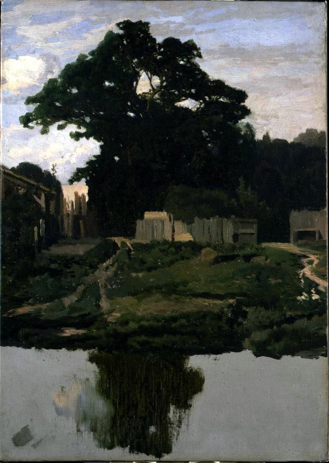 Landscape Study (Tree, Structures, and Pond) by Martín Rico