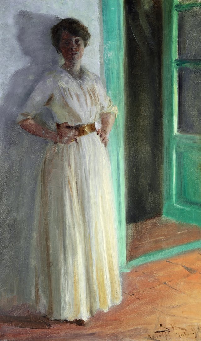 Marie Krøyer. Full-length portrait. Evening with lamplight on the terrace by Peder Severin Krøyer