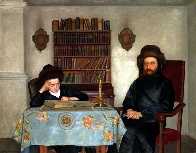 Rabbi with Young Student. Oil on panel by Isidor Kaufmann