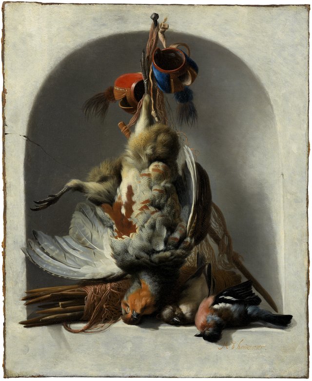 Still Life with Birds and Hunting Gear in a Niche by Melchior d'Hondecoeter
