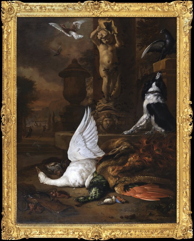 Stilleben med död svan, en påfågel och en hund vid en trädgårdsfontän by Jan Weenix