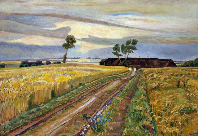Harvest landscape around a farm. by Fritz Syberg