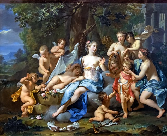 Cupid asleep with Venus by Nicolaas Verkolje