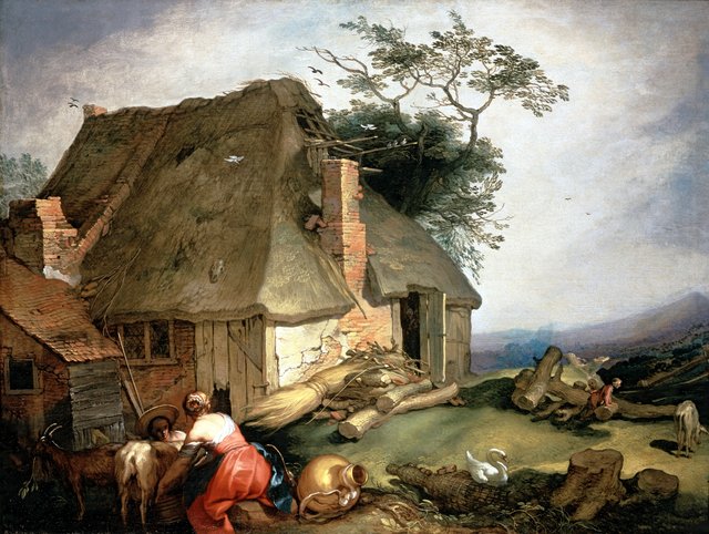 A cottage with peasants milking goats by Abraham Bloemaert