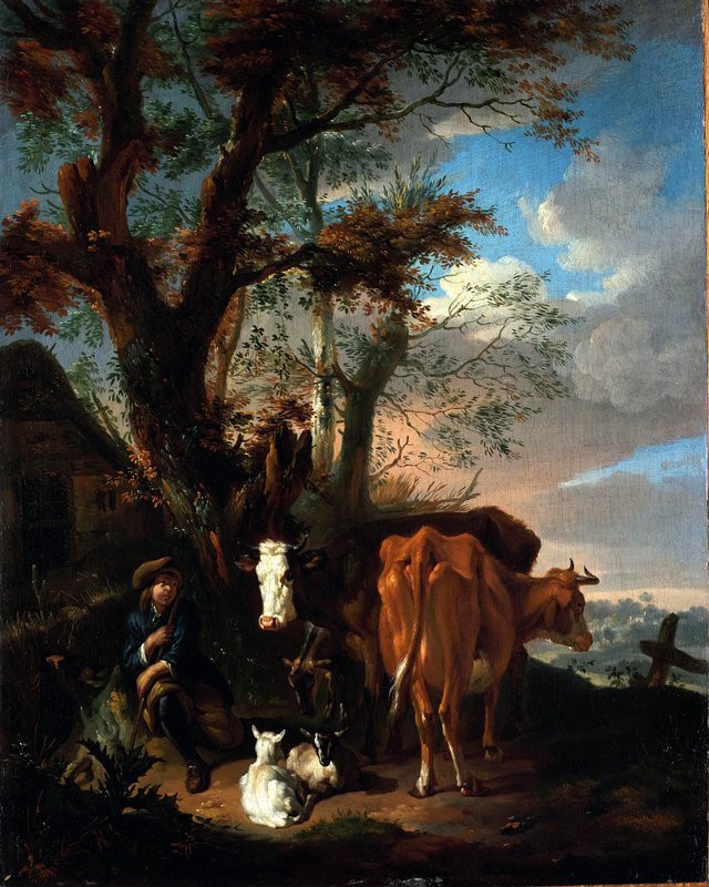 A Herdsman with Cattle and Sheep by Pieter van Bloemen