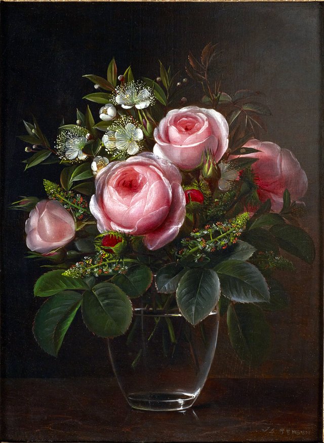 Roses and Tree Anemones in a Glass Vase by Johan Laurentz Jensen