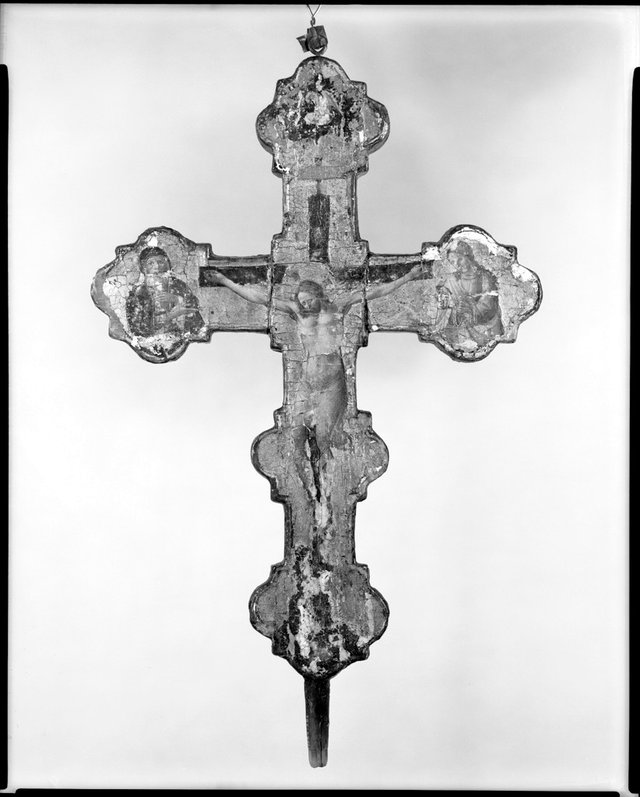 Processional Cross. Recto: Suffering Christ with Virgin, a Pelican Feeding her Young, and Saint John the Evangelist in the terminals. Verso: Christ Triumphant with Saint Francis, God, Saint Louis of by Domenico di Michelino