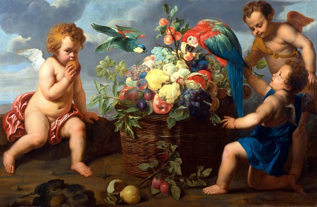 Three Putti around a Fruit Basket with Parrots by Erasmus Quellinus II