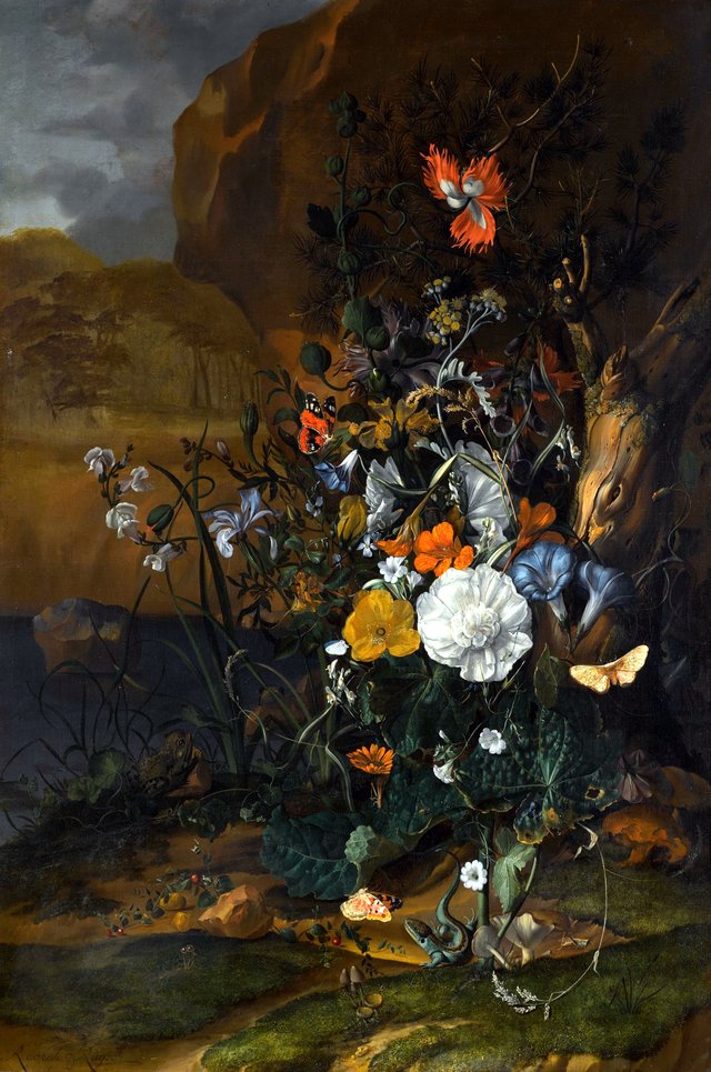 Still life of flowers, with butterflies, insects, a lizard and toads, beside a pool by Rachel Ruysch