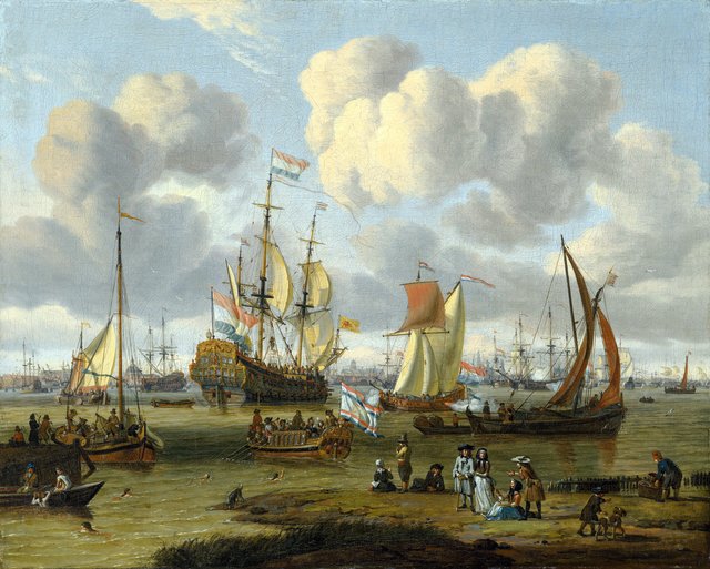 Shipping off Amsterdam with figures on a quay by Abraham Storck