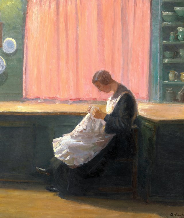 When the day is done. Young girl sewing. by Anna Ancher