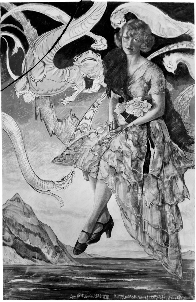 Portrait of Maria Gałyńska in a landscape with monsters by Stanisław Ignacy Witkiewicz