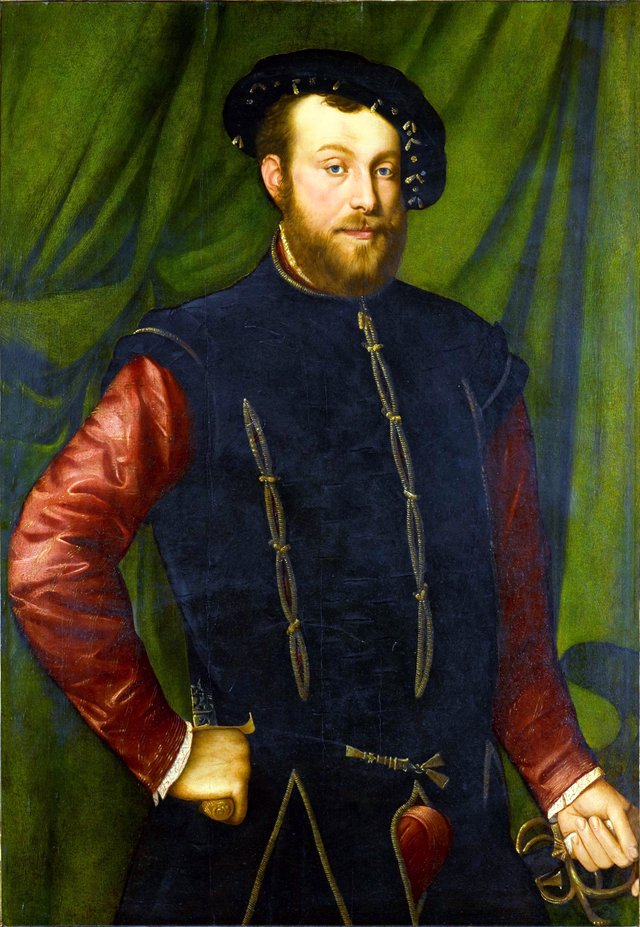 Portrait of a gentleman, three-quarter length, wearing a black cap and a black-slashed singlet over a red shirt by Jan Joest