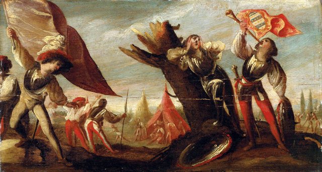 Landscape with a soldier sounding a trumpet and a standard bearer, a military encampment beyond by Pietro della Vecchia
