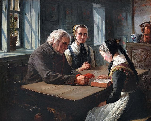 A young girl reads out the Bible, the grandparents listen devoutly. by Elisabeth Baumann
