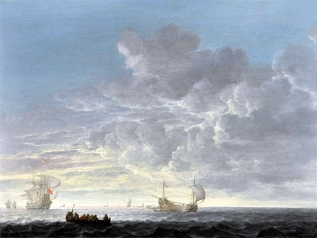 A herring fleet with a warship offshore in a light chop and gentle breeze by Simon de Vlieger