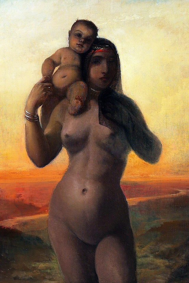 A young nude Egyptian woman with a child. by Elisabeth Baumann