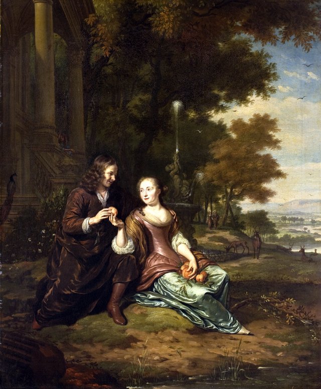Portrait of a young couple by Michiel van Musscher