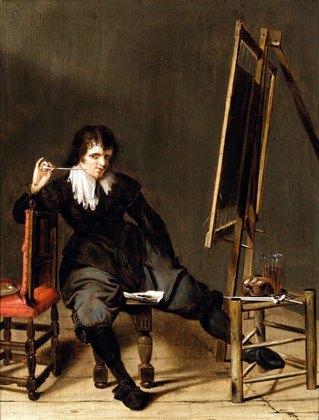 An Artist in his Studio, seated on a Stool, in front of an Easel, with a Pipe Raised to His Mouth by Pieter Codde