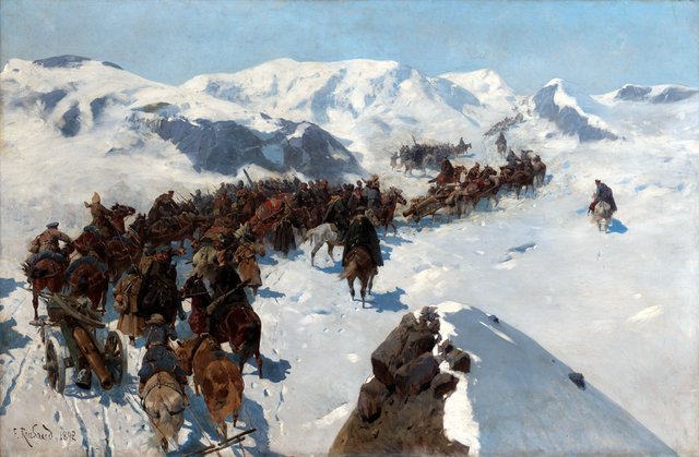 Crossing by Argutinsky through the snowy mountains of the Caucasus in 1853 by Franz Roubaud