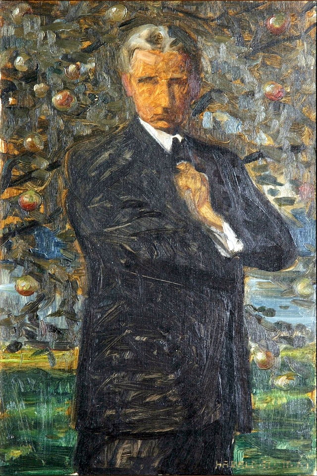 Self portrait, standing in an orchard. by Harald Slott-Møller