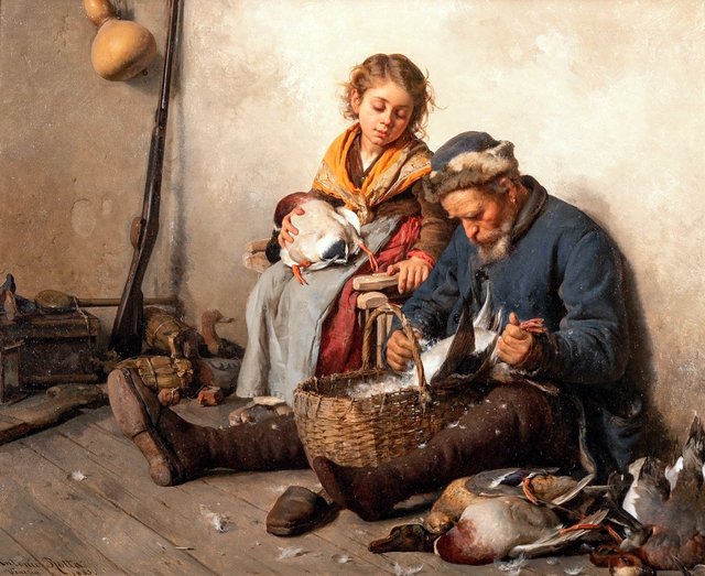 Interior scene with a grandfather and granddaughter plucking ducks by Antonio Rotta