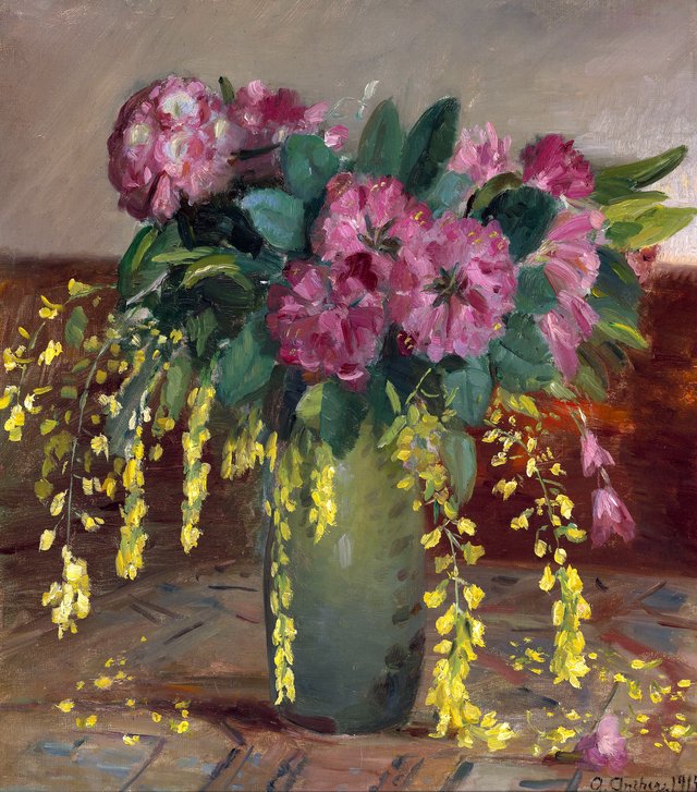 Pink rhododendrons and Laburnum in a green vase by Anna Ancher